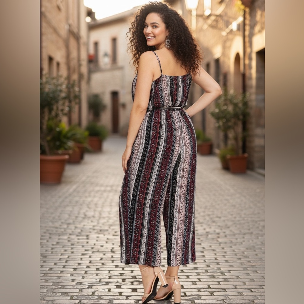Zen Bohemian Poppy BohoChic WideLegged TieWaist Jumpsuit•1X-3X